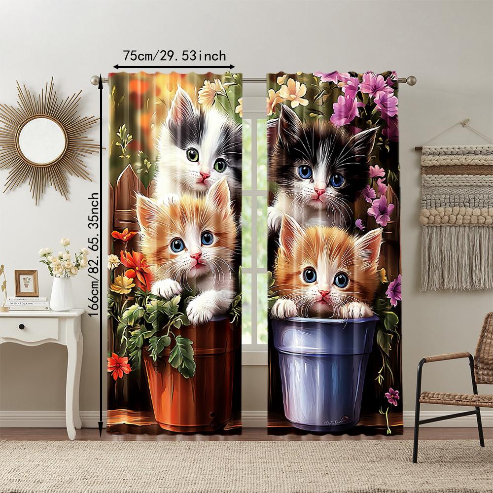 2Pcs Kitten Flower Window Curtains For Bedroom And Living Room Rod Pocket Polyester Material Drapes For Office Study Home Decor