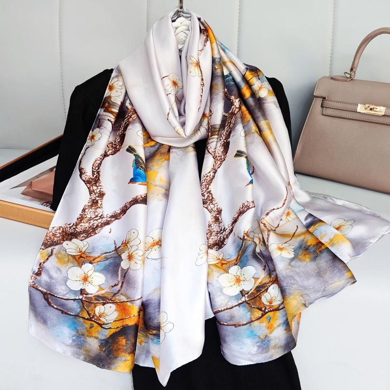 New Spring and Summer Long Silk Scarf High-end Imitation Silk Kicker Silk Scarf with Brocade Printed Shawl On The Outside Sun Protection Scarf