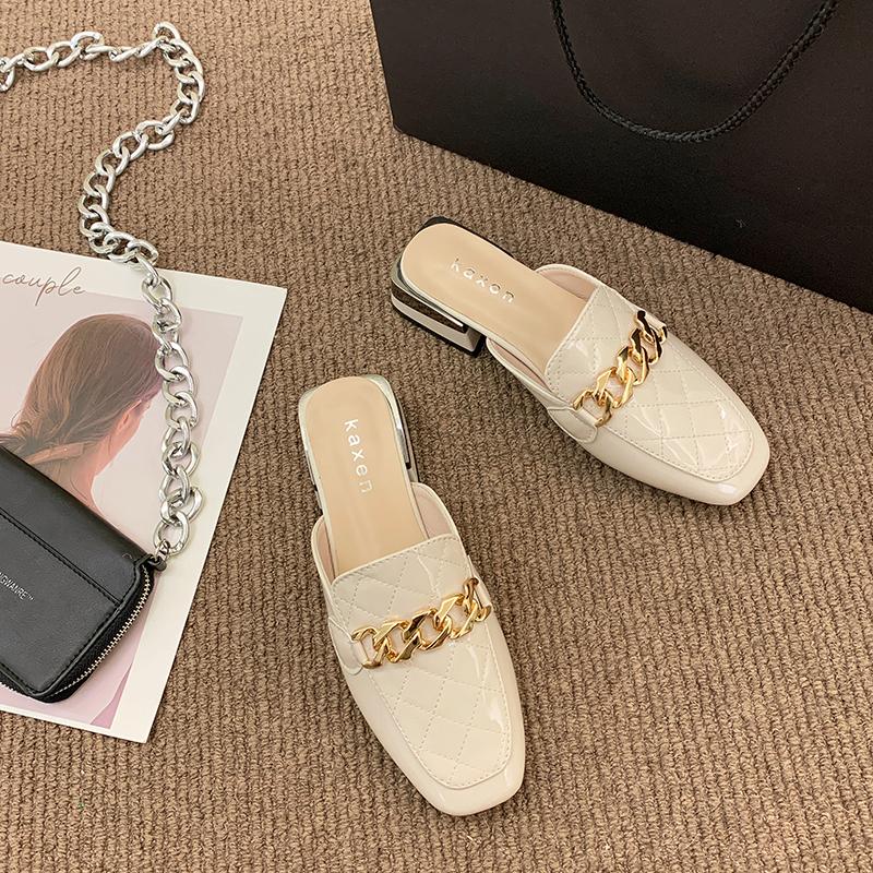 

2024 Новые мюли с металлической цепочкой для женщин, квадратные туфли в полоску, летние модные сандалии, квадратные тапочки для отдыха для женщин 35