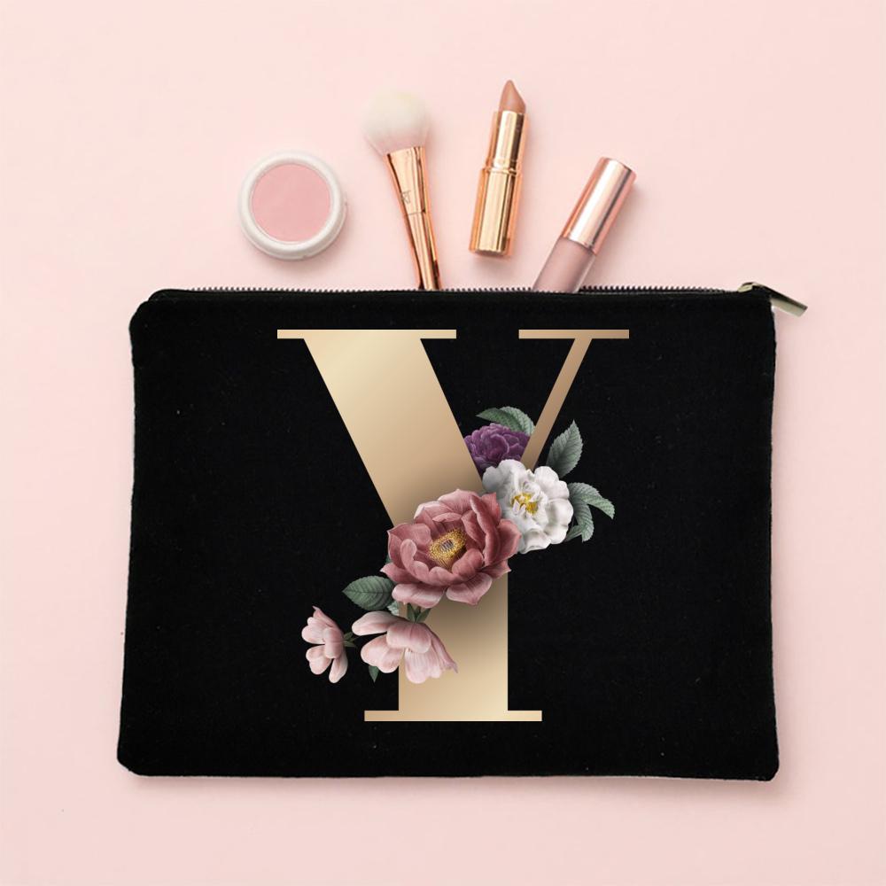 Alphabet Floral Makeup Bag Bridesmaid Maid of Honor Holiday Wedding Bachelorette Party Gift Canvas Cosmetic Zipper Storage Pouch