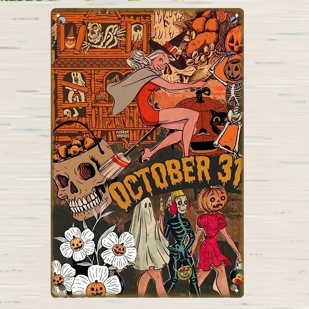 

2D Flat, 1pc Vintage Halloween Metal Sign Plaque | Spooky Witch, Skeleton & Pumpkin Design | 8x12 Inch Iron Wall Art 20x30cm（7.8x11.8inch）