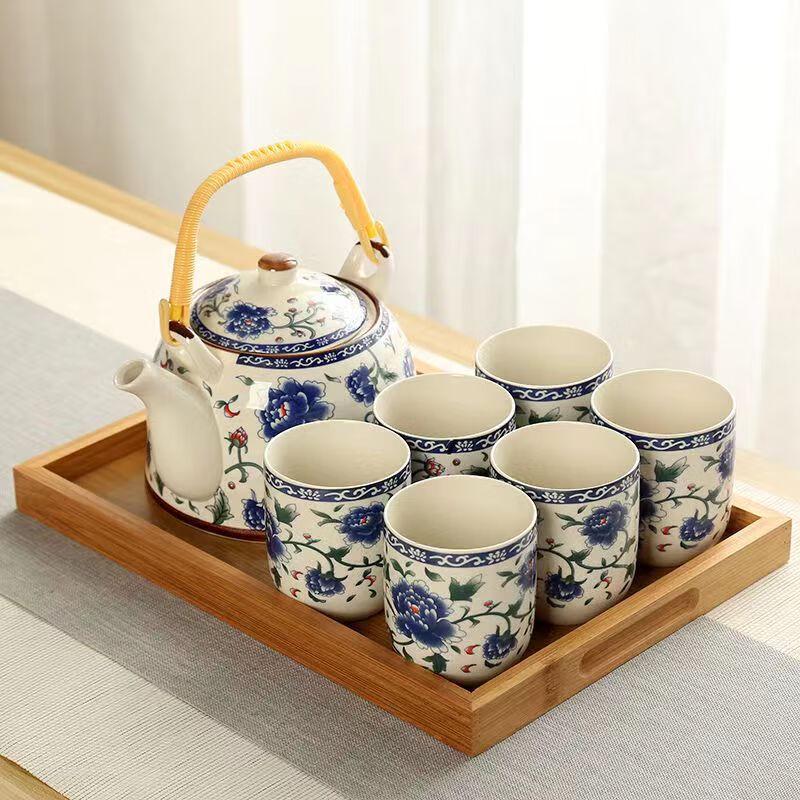 Jingdezhen Blue and White Ceramic Kung Fu Tea Set with Wooden Tray