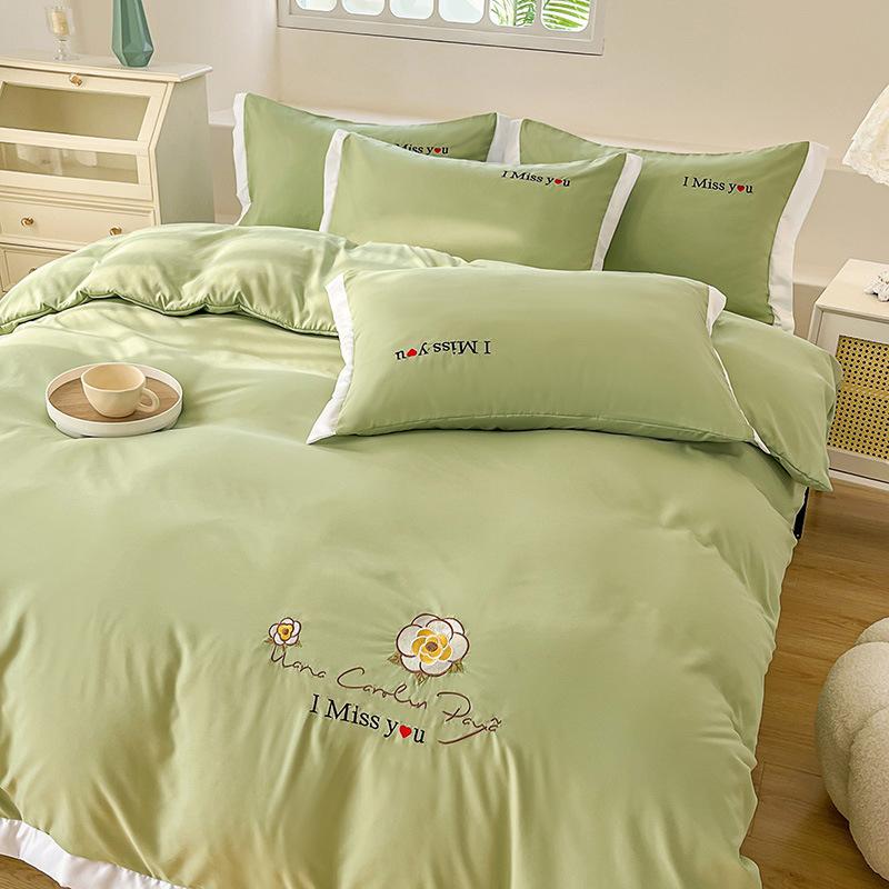 Ins Korean Version of Washed Cotton Bedding Four-piece Set Bed Sheet Quilt Cover Embroidery Dormitory Bedding Three-piece Set