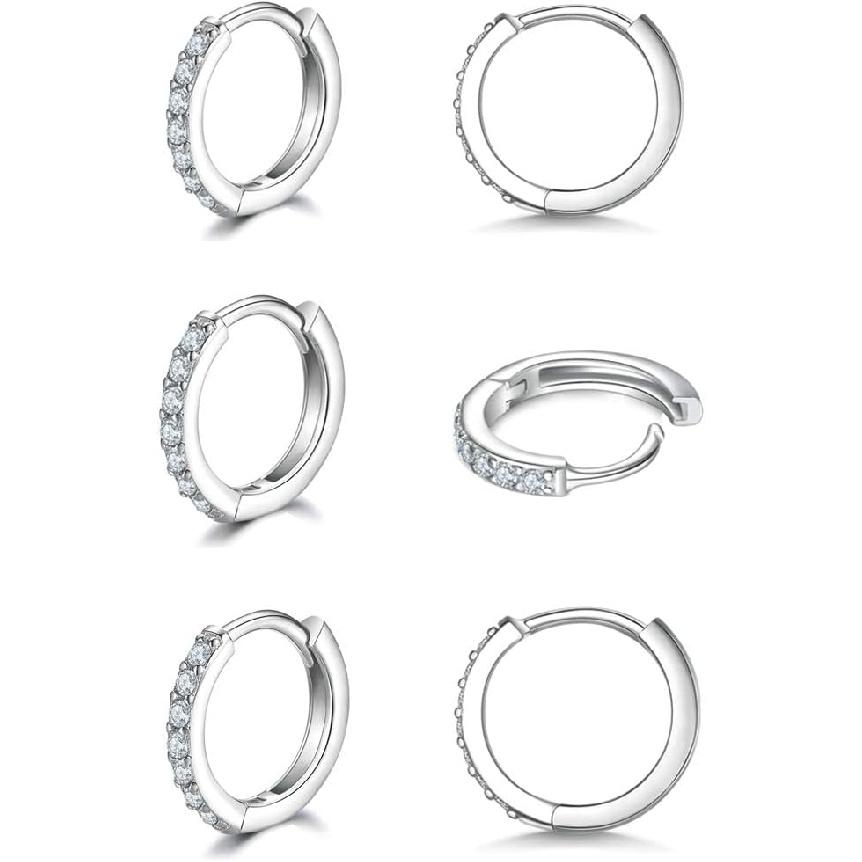 3 Pairs 925 Sterling Silver Small Hoop Earrings for Women Men | Cubic Zirconia, 14K White Gold Plated Huggie Hoop Earrings, Hypoallergenic