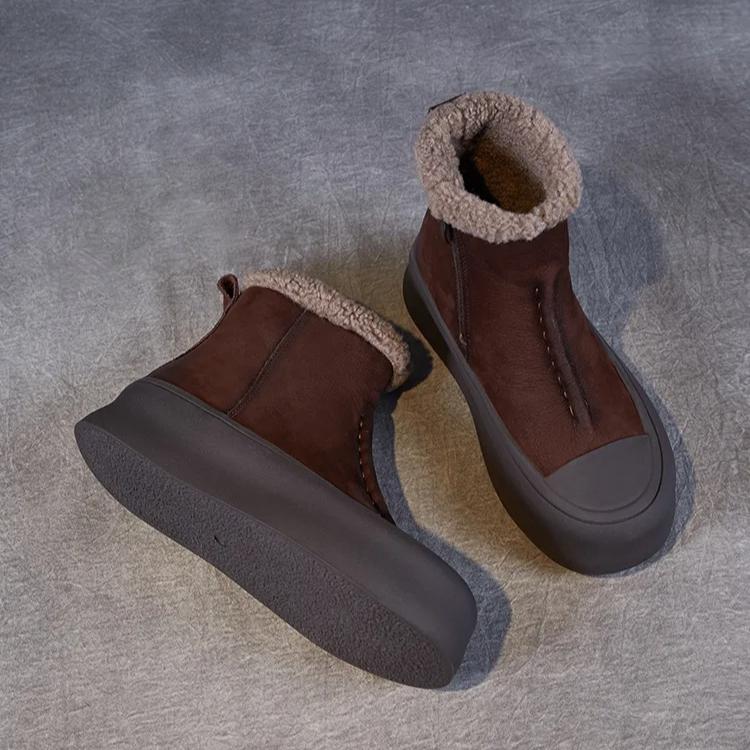 Johnature Retro Plush Warm Women's Boots Genuine Leather Thick Soled Casual Versatile Short Boots