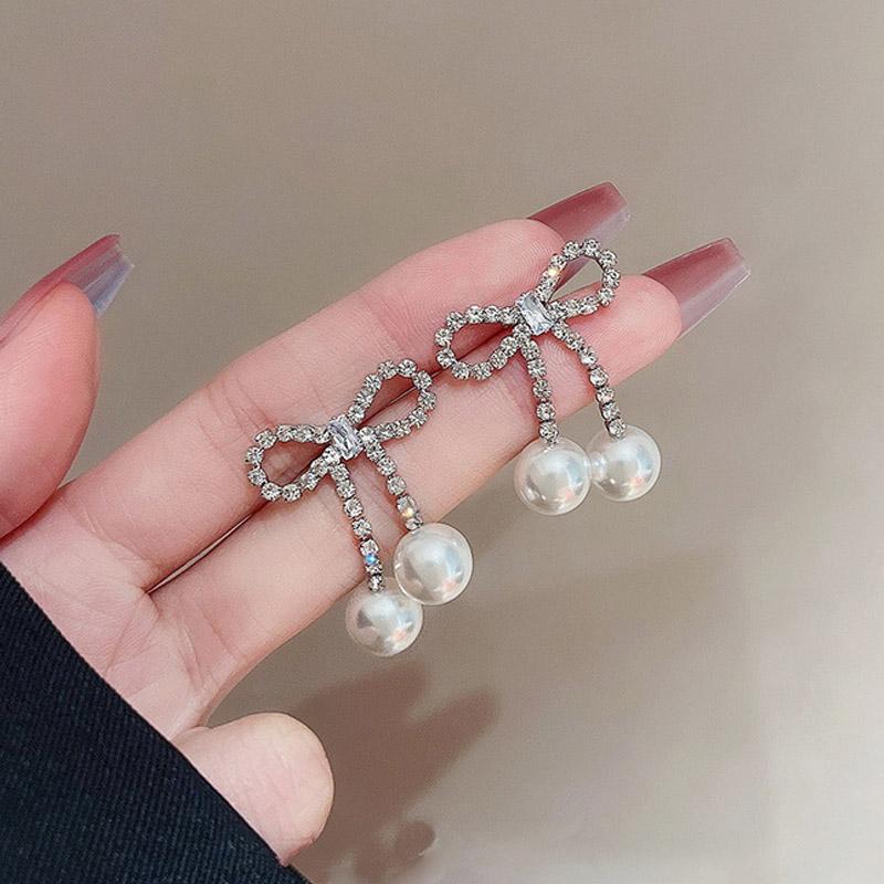 Shiny Zircon Geometric Chain Earrings for Women Luxury Crystal Bowknot Imitation Pearl Water Drop Earring Wedding Party Jewelry