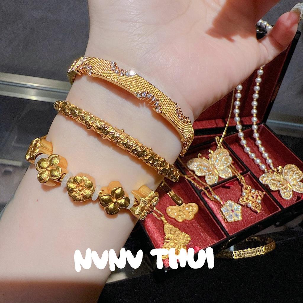 Ancient Gold, Filigree Gourd Roll Grass Pattern Bracelet, New Chinese Style, Point Diamond Flower Beaded Bracelet, Set