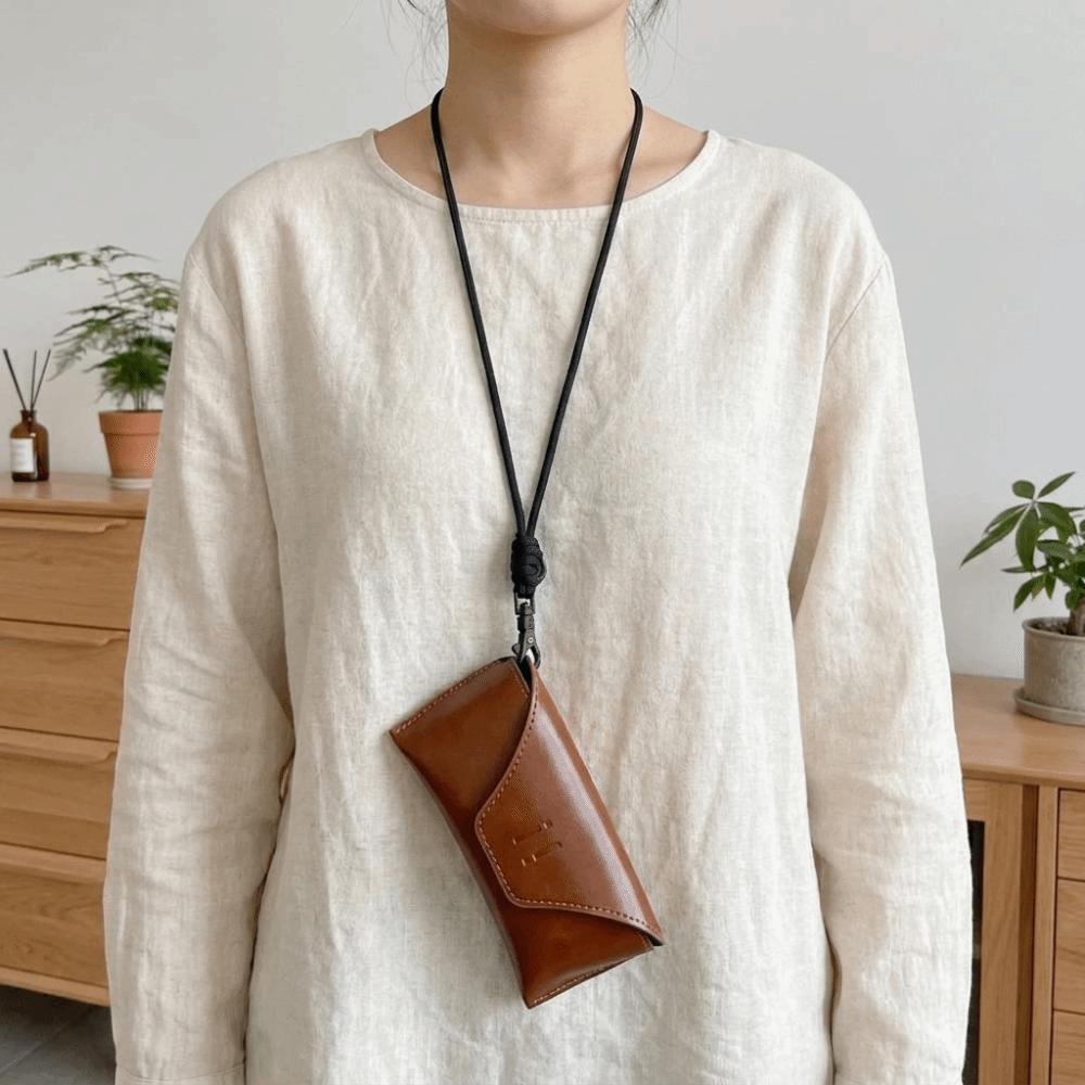 Hanging Neck PU Leather Glasses Bag Solid Color Sunglasses Eyeglass Bag Glasses Storage Bag Female