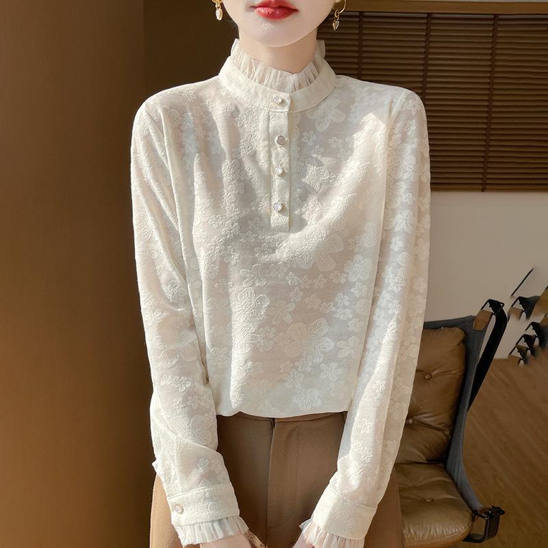 

Женская базовая рубашка с кружевным воротником-стойкой, новая весенне-осенняя рубашка большого размера с термобельем внутри XXL бежевый