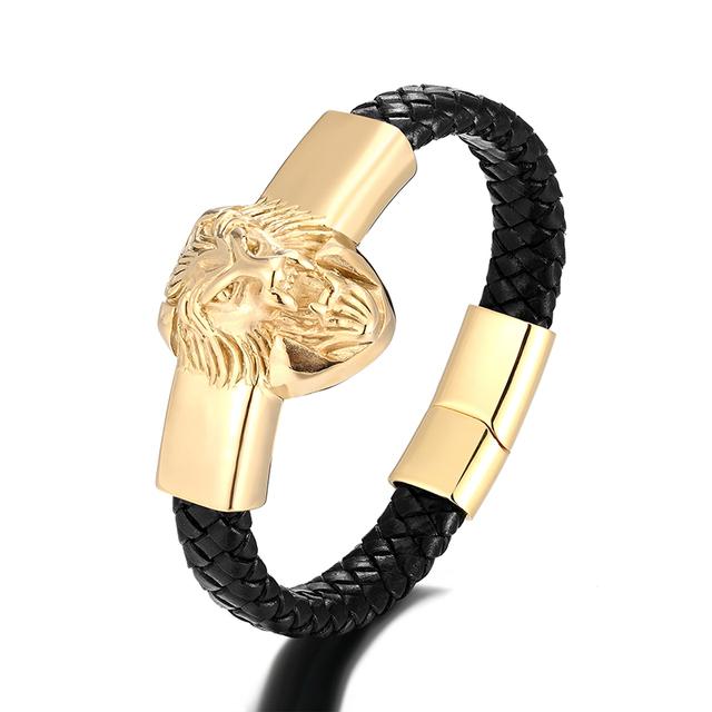 

Золотой мужской браслет с головой льва из нержавеющей стали, кожаный браслет в стиле панк, роскошные магнитные браслеты с подвесками для мужчин, подарок друзьям 21cm золотой