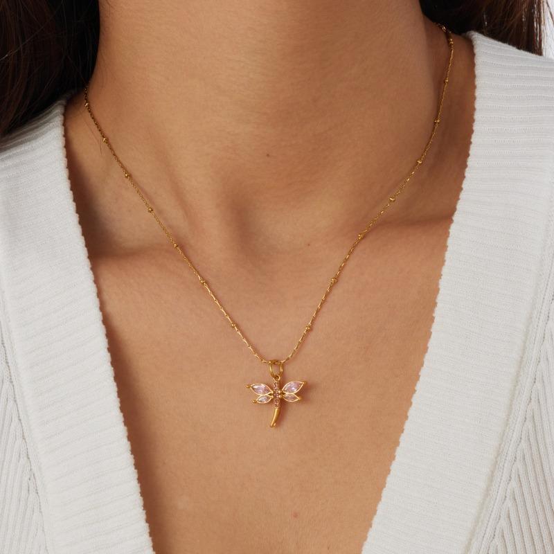 

Gold Beaded Chain Dragonfly Necklace with Pink Crystal Pendant for Women золотой