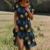 Short Sleeve Boho Dress For Women Casual Loose Fit Summer Sundress Feathers Print Dress With Pockets