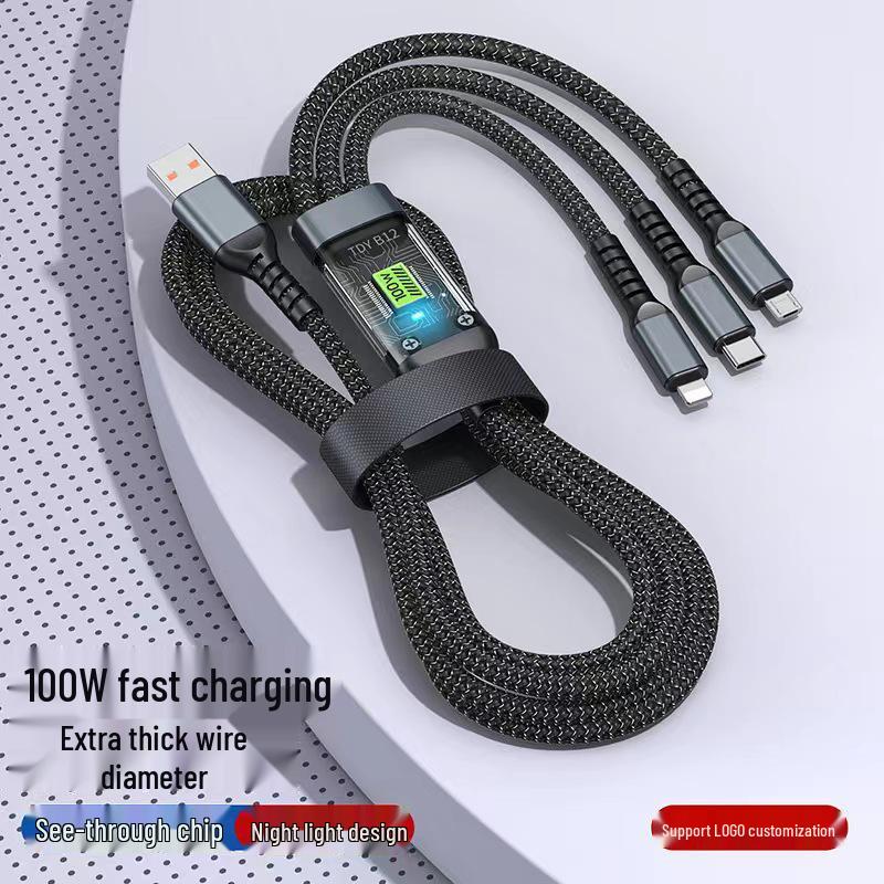 100W Transparent 3-in-1 Fast Charging Cable 6A for Android & Huawei - Braided Design
