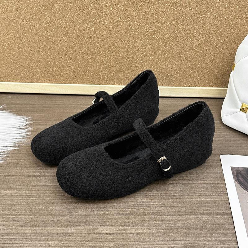 

Ретро шерстяные туфли-лодочки на плоской подошве с круглым носком и ремешком на одну пуговицу для женщин, новинка осени и зимы 2025 года, плюшевые туфли Мэри Джейн на плоской подошве Мао 40 чёрный