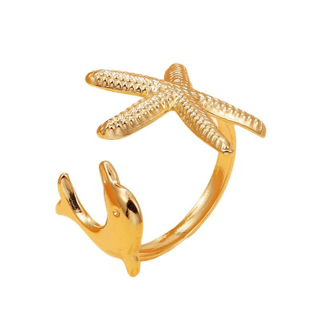 Stainless Steel Marine Animal Ring for Women - Starfish & Dolphin Design, Adjustable Size