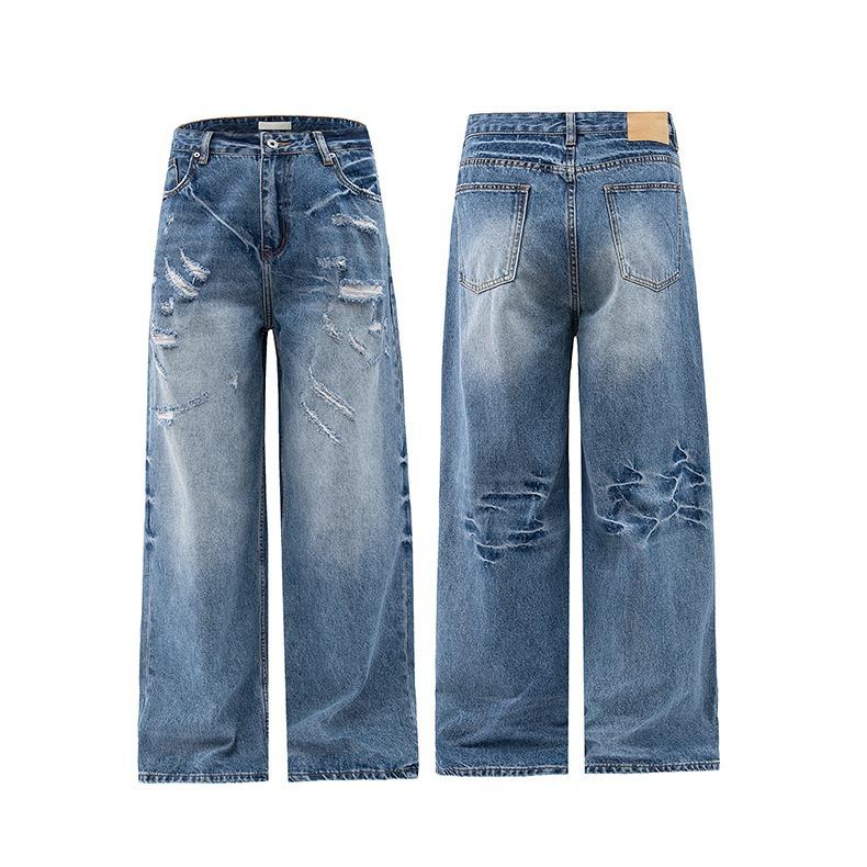 American retro washed old lightning pattern jeans loose trend design feeling wide legs mopping long pants