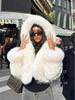 European and American Faux Fur Hooded Patchwork Coat with Faux Fox Fur, Long Sleeves - Women's Short Style.