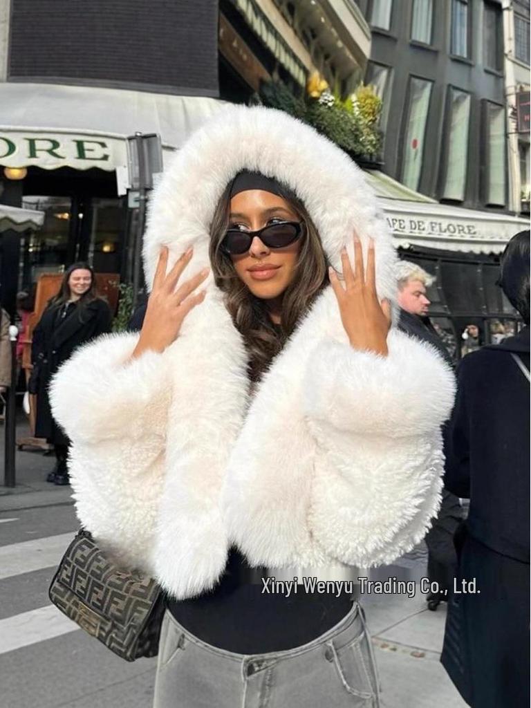 European and American Faux Fur Hooded Patchwork Coat with Faux Fox Fur, Long Sleeves - Women's Short Style.