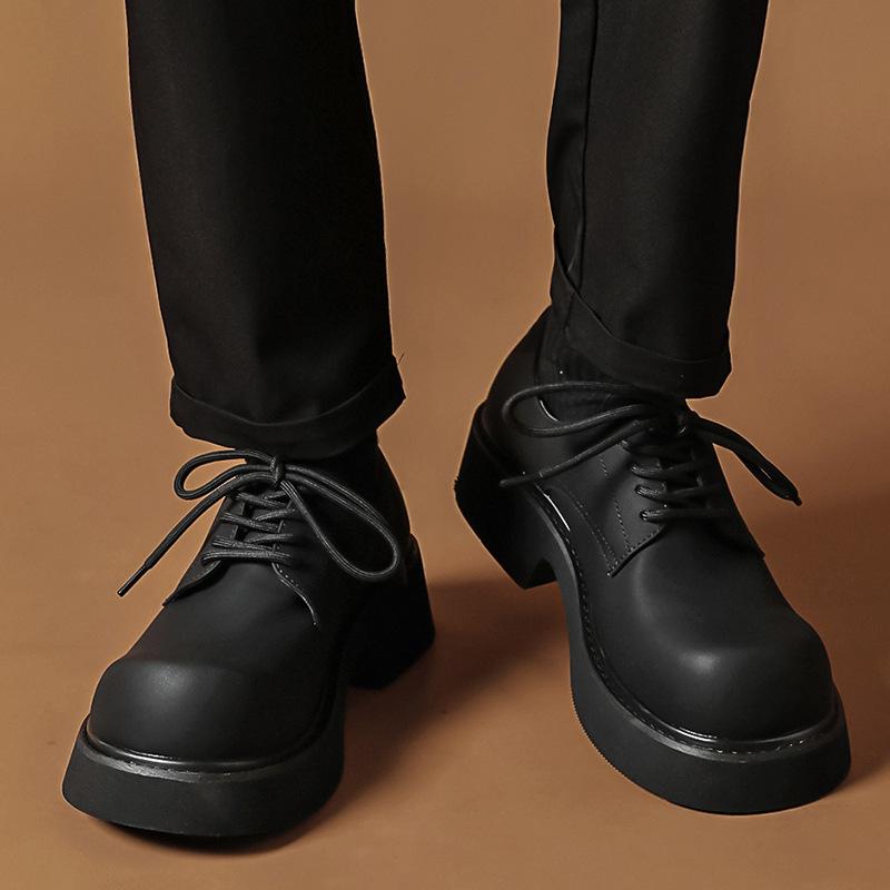 Platform Single Shoes Men's Spring and Autumn Round Head Lace-up Middle Heel Muffin Men's Shoes Work Black Small Leather Shoes 9522-M