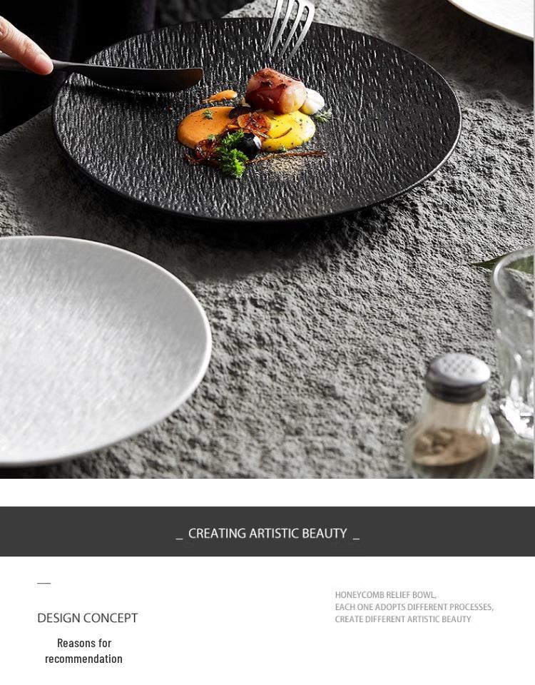 Black and White Ceramic Food-Grade Shallow Plate - Luxury Style for Meals and Breakfasts