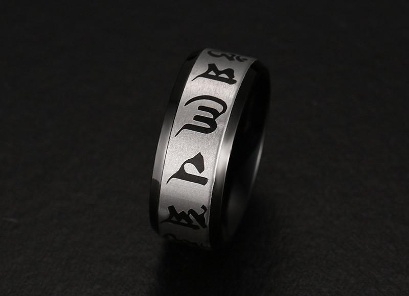 Meaeguet Traditional Om Mani Padme Hum Men Ring Black Color Wedding Rings For Men Jewelry Stainless Steel Ring