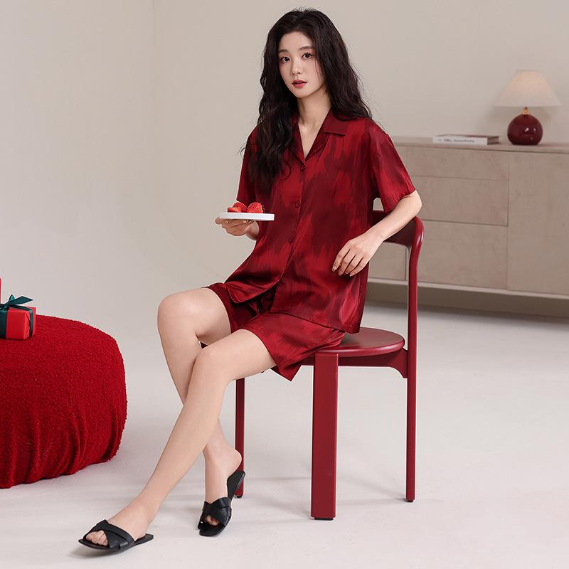 Spring and summer pajamas wedding couple suit ice silk short-sleeved shorts red natal year festive loungewear women