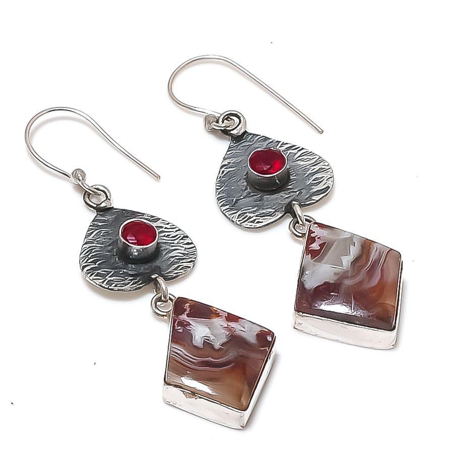 Natural Laguna Lace Agate, Garnet 925 Sterling Silver Earring 2.48" G8J38