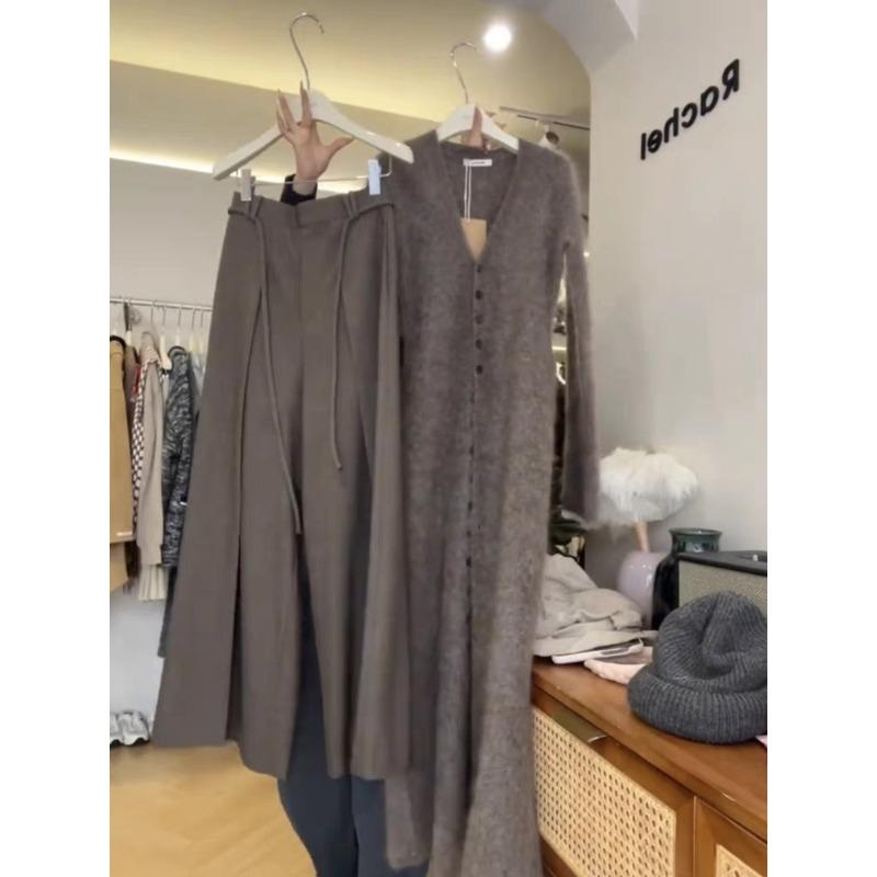 Coffee Mohair Cardigan Knitted Dress Women's Autumn and Winter Wear High-end Lazy Wind Soft Waxy Long Sweater Skirt