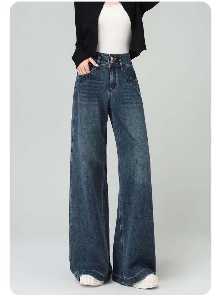 Petite Women's 2025 High-Waisted Wide-Leg Jeans - Autumn Retro Loose Cropped Pants