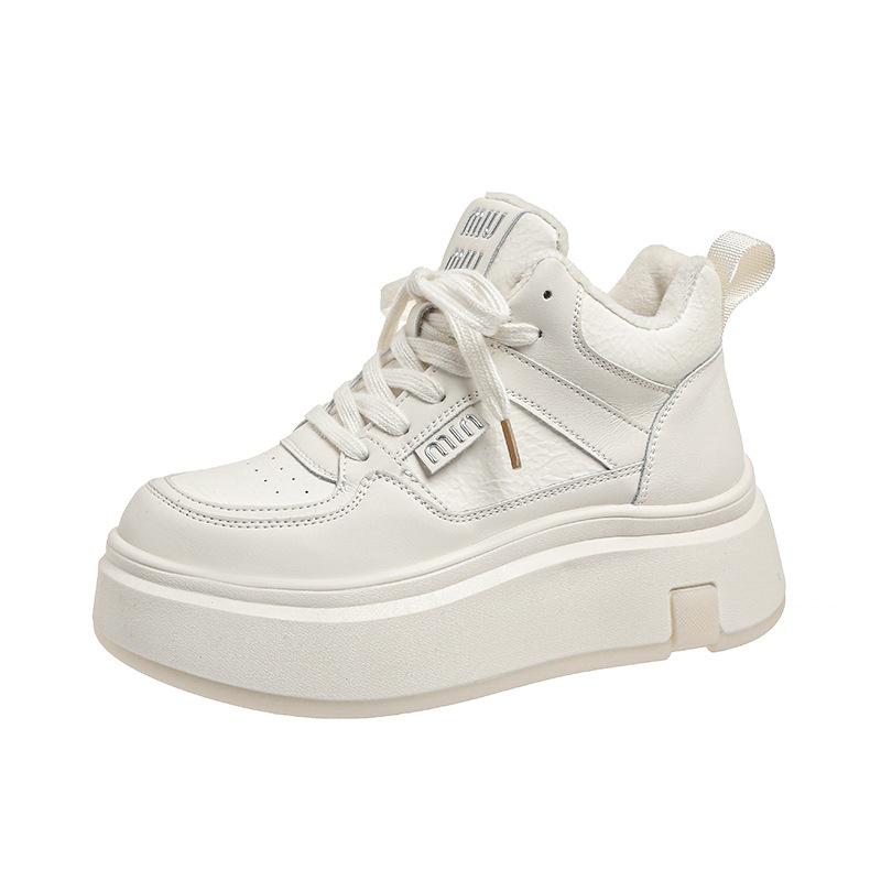 Platform white shoes women's 2025 new autumn and winter shoes women's versatile flat-soled lace-up velvet casual sports board shoes