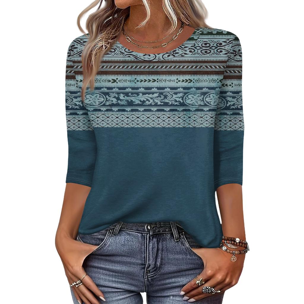 Mote Casual Rund Hals 3/4 Erme Løs Trykket T-skjorte Dame Topp