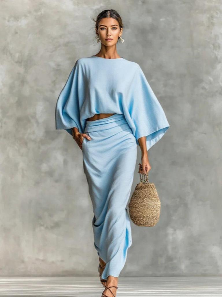 Women's Autumn New Style High Waist Long Dress Set with Long Sleeve Loose Top for Work