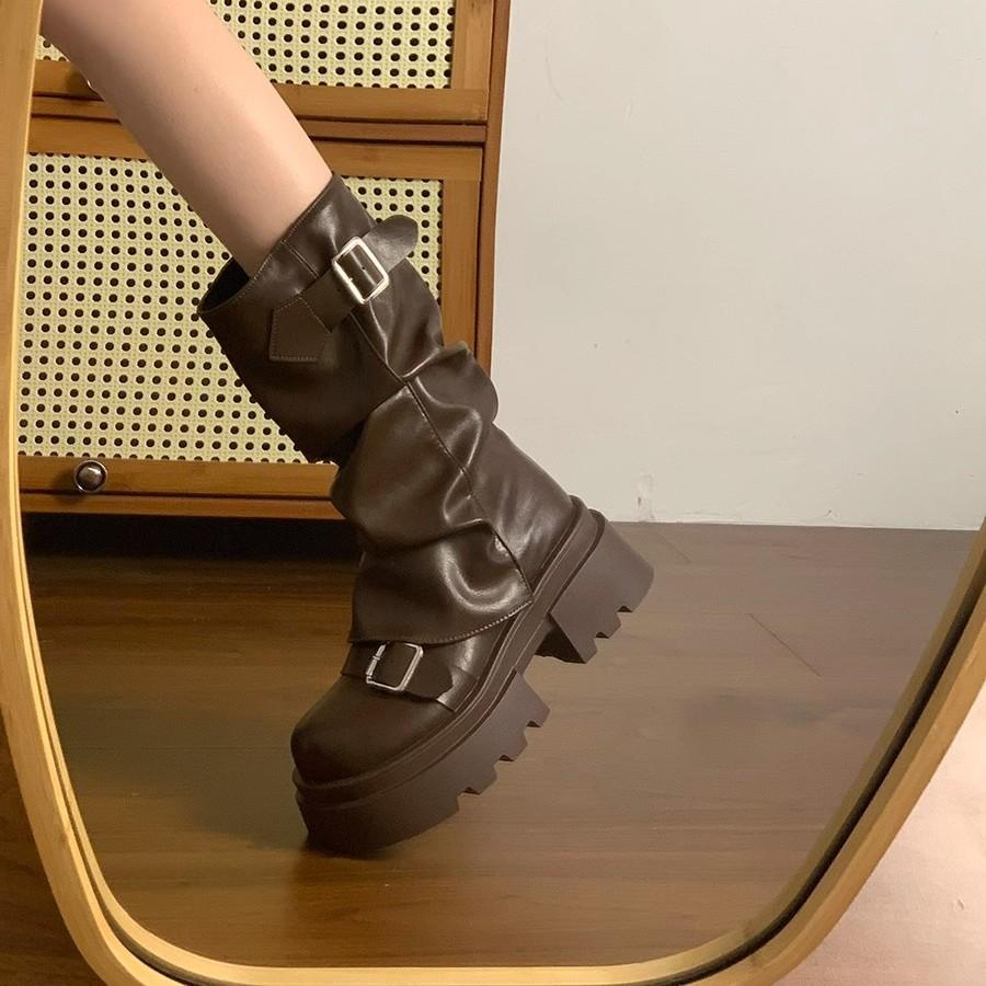 Medium Tube Pants Tube Boots Women's Shoes Platform Heightening Martin Boots Women's 2025 New Spring and Autumn Retro Maillard Stacking Boots