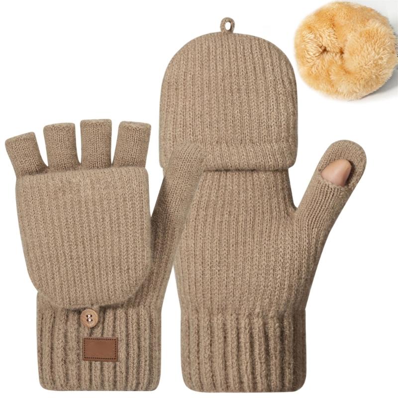 Women Half Finger Winter Gloves Thickened  Insulated Windproof Knit Design With Double Fleece Lining For Cold Weather