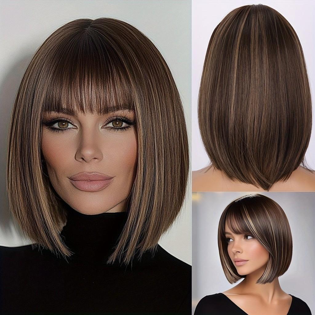 Womens Short Straight Wig With Bangs Hightemperature Silk For Casual And Party Use