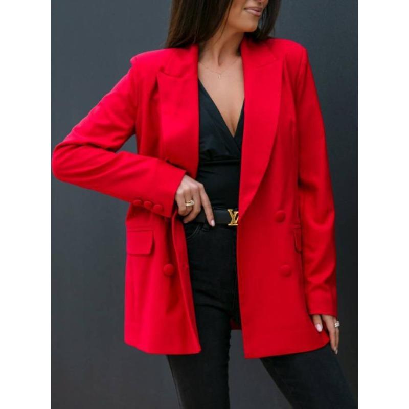 women s Notched Lapel Double Breasted Solid Color Long Sleeve Blazer Slim Fit Suit Coat S красный