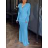 Women's V Neck Long Sleeve Maxi Dress Slim Fit Mid Rise Elegant Ruched Mermaid Dress