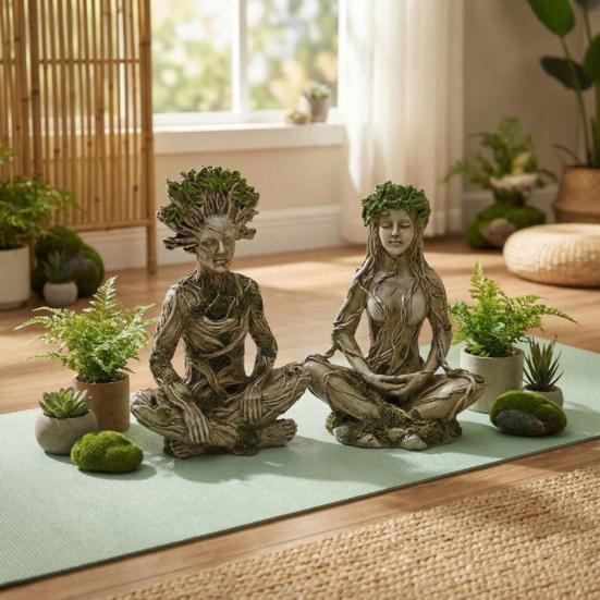 Tree Woman Figurine Resin Meditating Yoga Zen Pose Statue Tree of Life Mystical Creature Decorative Ornament for Home Living Room Bedroom Office