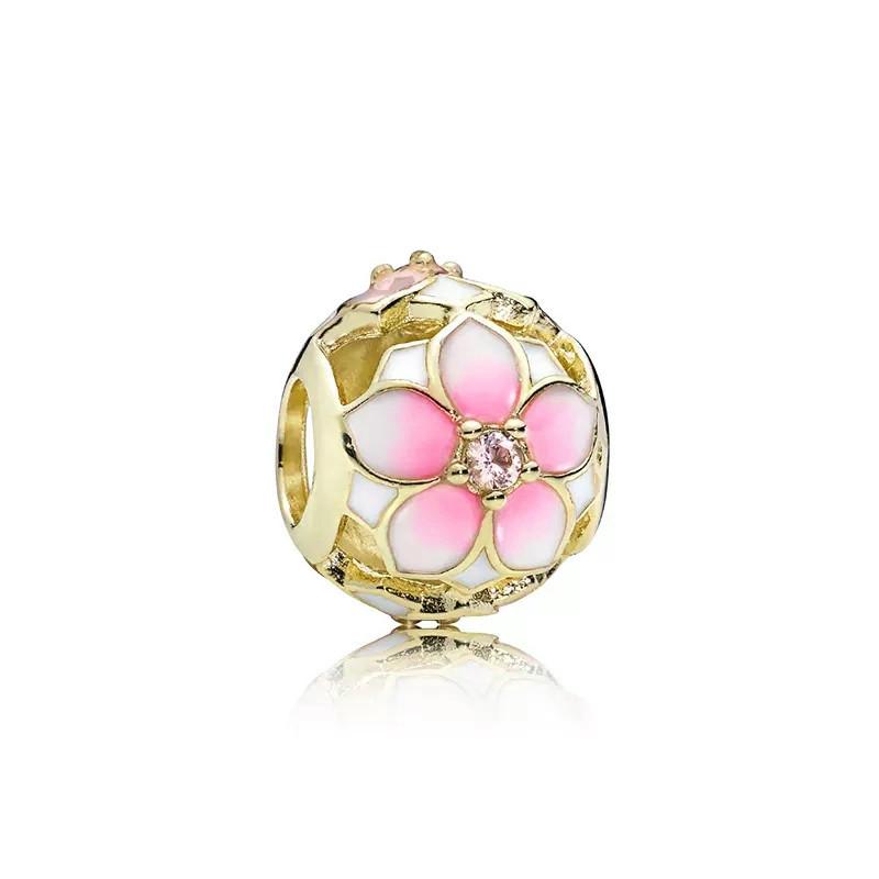 Diy Jewelry Gifts Sparkling Golden Cherry Blossom Rose In Bloom Pink Daisy Flower Lucky Clover Charm Beads Fit Original Bracelet