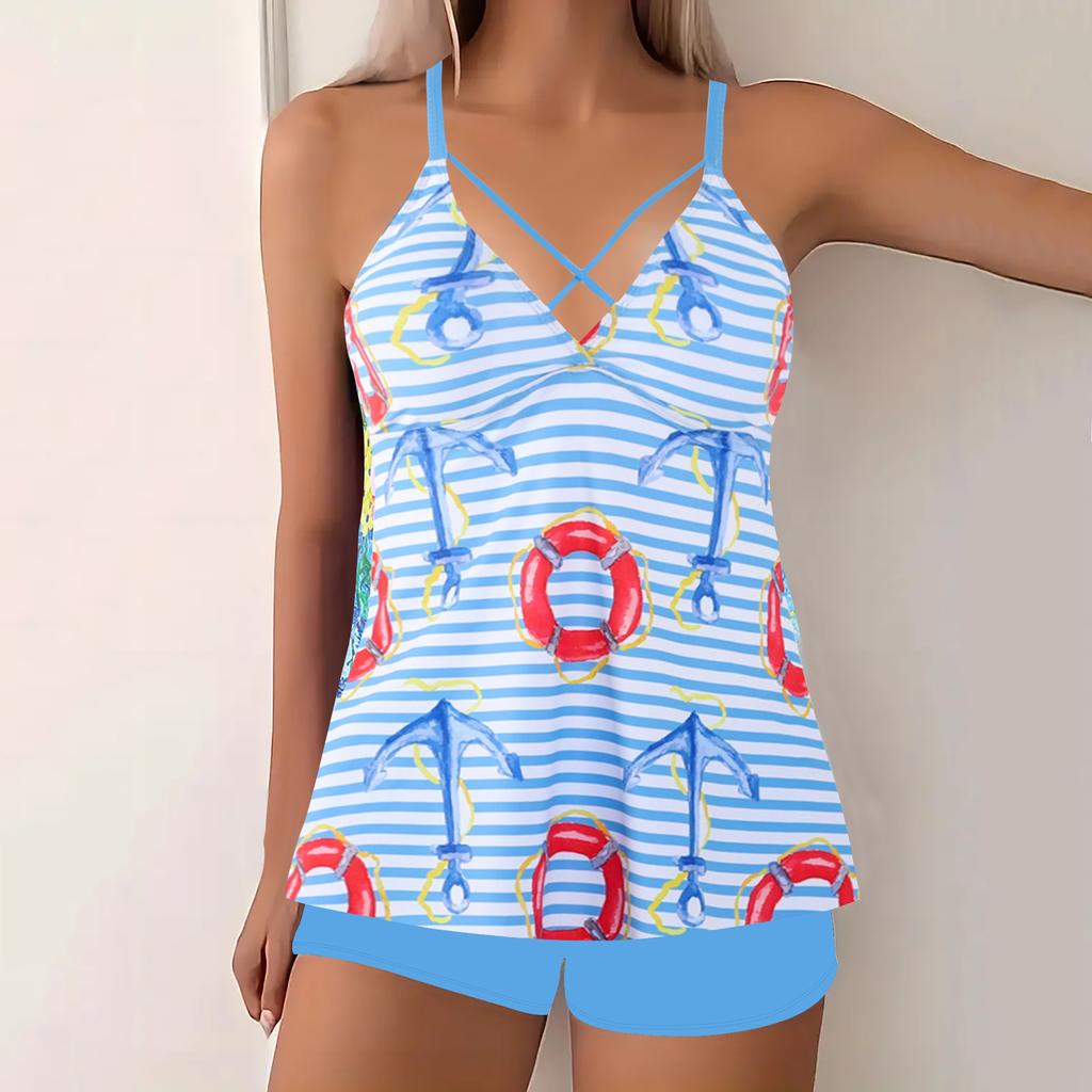 Women's Fashion Two Pieces  Swimsuit Padded Backless Swimdress  Swimwear Set Large Size Printed Tankini Bathing Suit