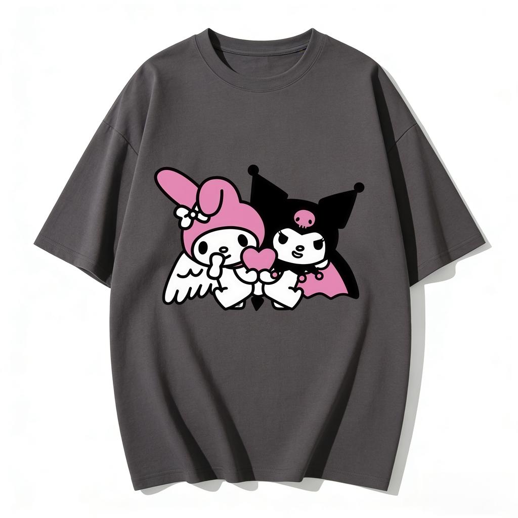 2026 New My Melody Kuromi Angel Devil Heart Cartoon Print Tshirt Family Matching Outfits Casual Short Sleeve Tee Women Unisexs