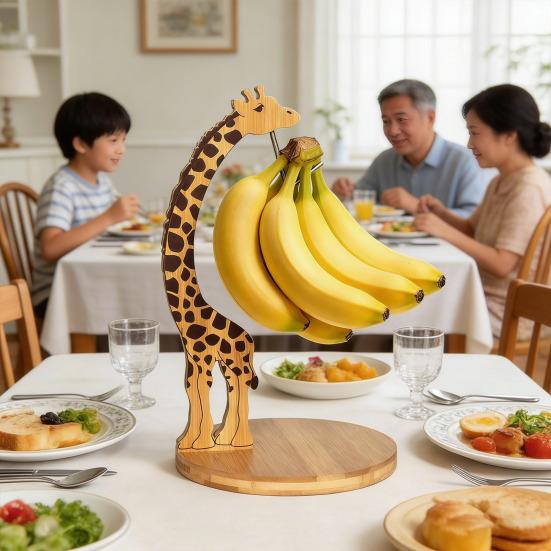Porta Banane con Gancio Design Giraffa Supporto in Acciaio Inossidabile Legno Giraffa Appendi Banane Conservatore Frutta