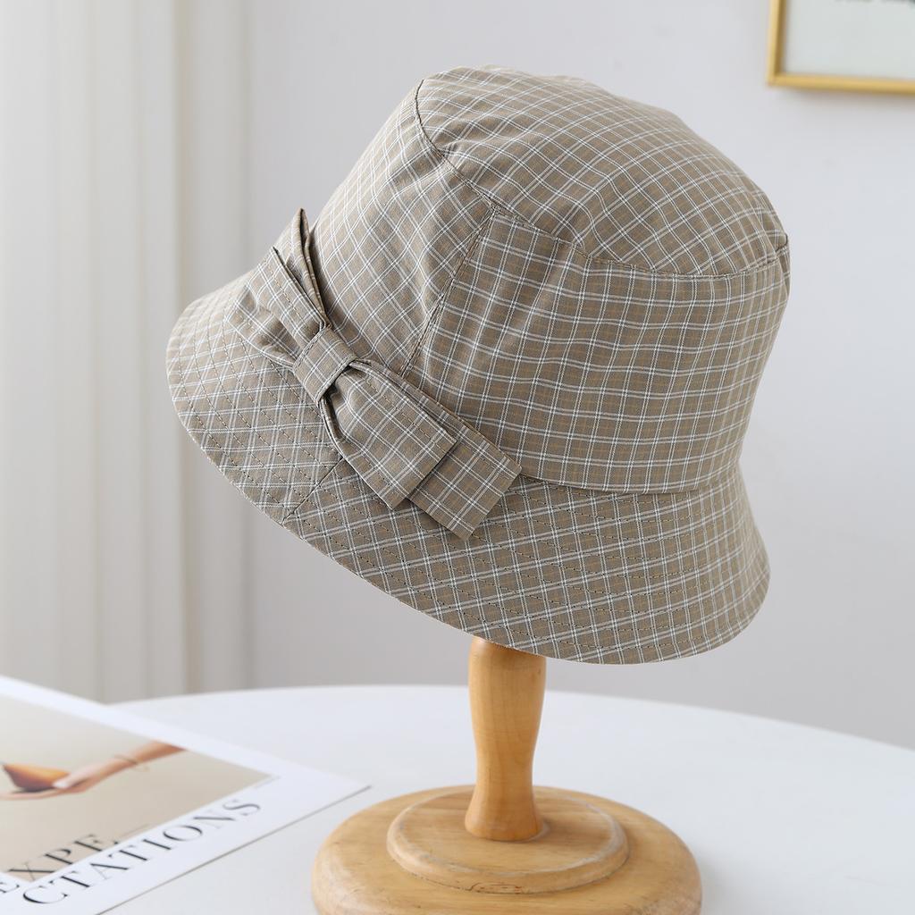 Women's Bow Plaid Bucket Hat Visor Ladies Hat Outdoor Travel Thin Cap