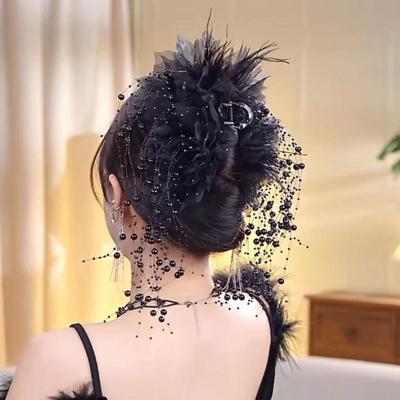 Yousheng Hair Claw Feather Mesh Yarn Flower Decor Hair Clip with Faux Pearl Tassel Back Head Shower Hair Claw