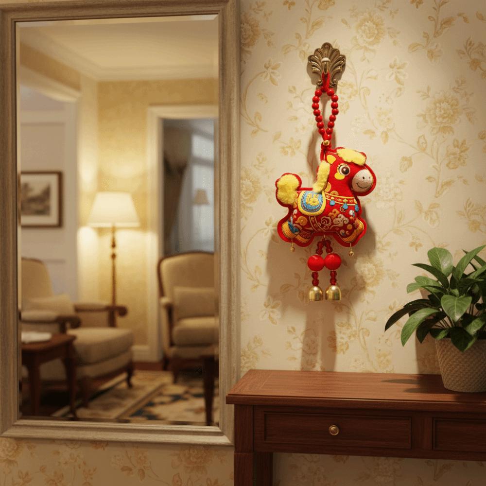 Traditional New Year Hanging Pendant Handmade Cartoon Horse Year Desktop Ornament with Bells Wooden Bead Lanyard