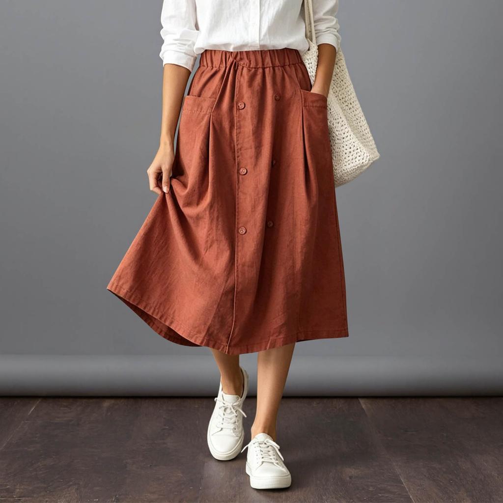 Women's Casual Vintage Loose Fit Midi Skirt with Pockets Elastic Waistband Button Front Design Comfortable Everyday Wear