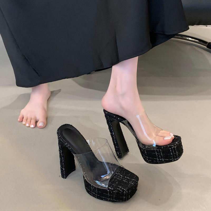 Pink romantic high heels women's spring and summer new square head waterproof table thick heel with cool slippers