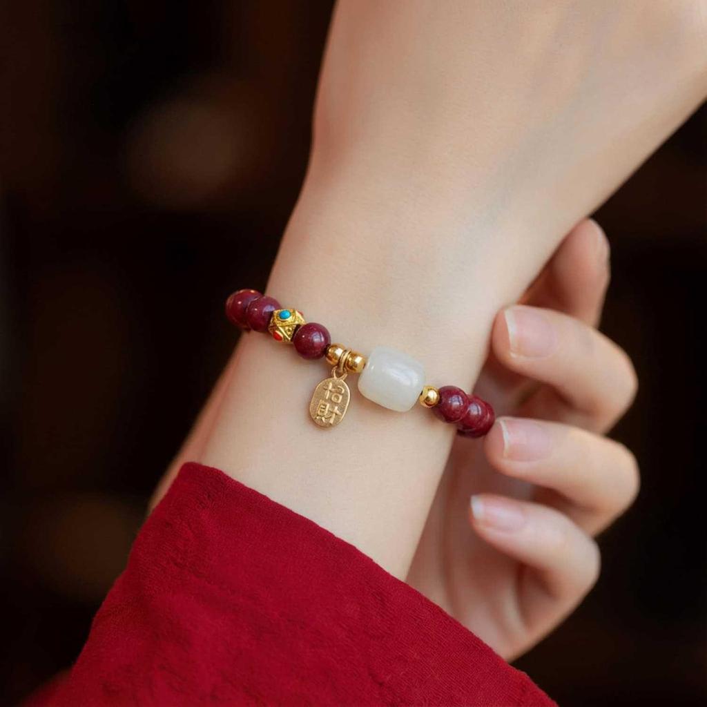 Vermilion Year of the Rat Women's Bracelet: Luxurious Chinese-Style Luck Charm, Hand-Strung Beads