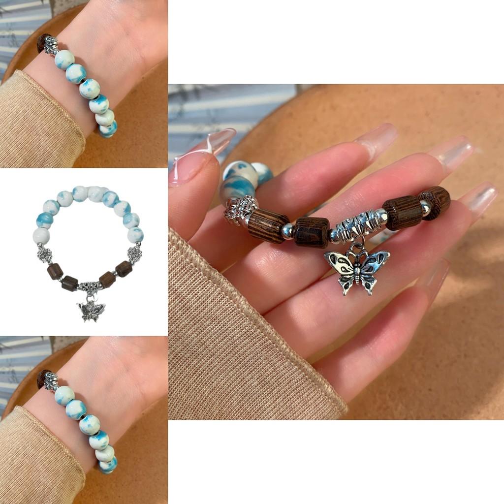 Vintage-inspired Ceramic Butterfly Beaded Bracelet Elegant Handmade Women's Wrist Accessory
