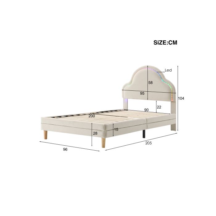 Lit simple - MUVOE - 90x200 cm - Tête de lit nuage - Velours beige - Bandes lumineuses multicolores